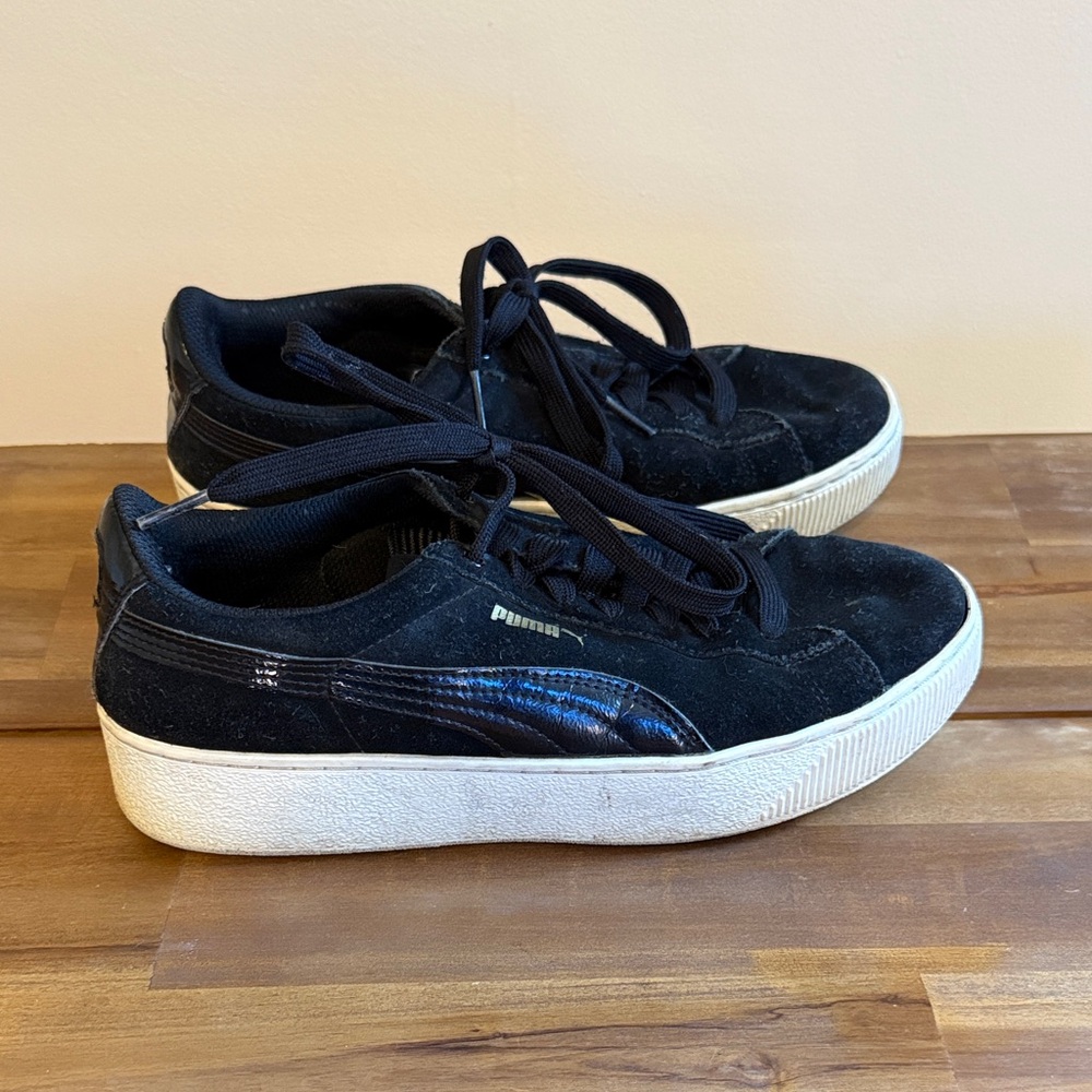 Puma Classic Black Suede Sneakers with White Platform Soles
